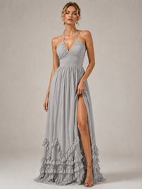 Halter V Neck Chiffon Formal Dress with Lace-Up Back and Ruffle Hem