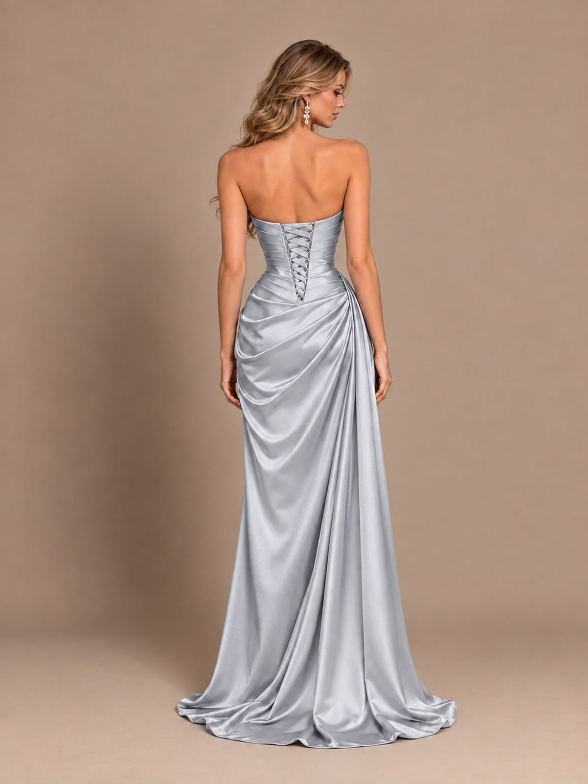 Dusty Blue Strapless Satin Prom Dress with Ruched Bodice and Slit