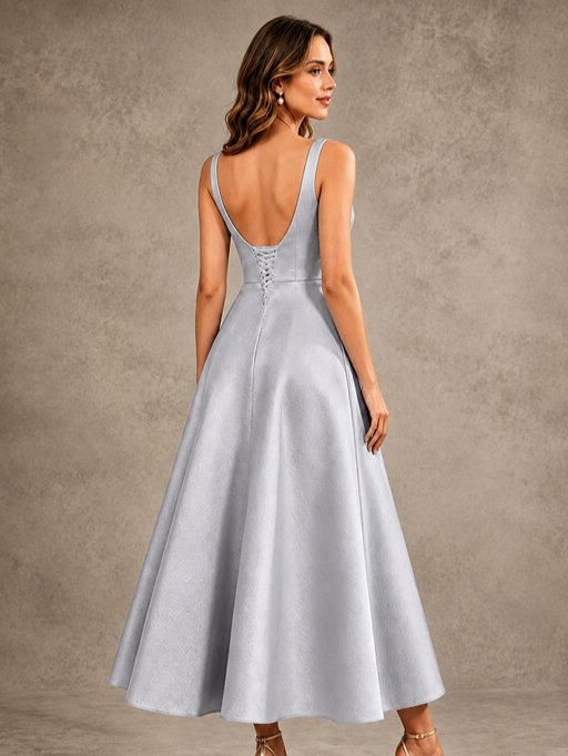 Tea-Length Satin Mother of the Bride Dress with 3D Flower Detail