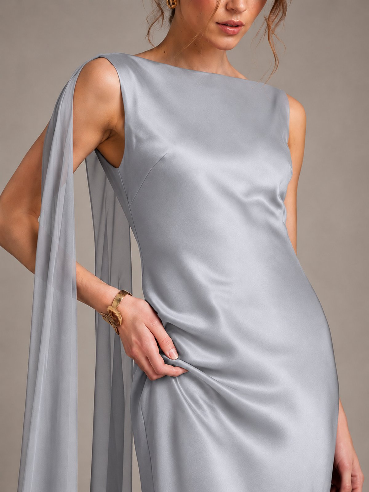Burgundy Satin Mermaid Cape Maxi Dress