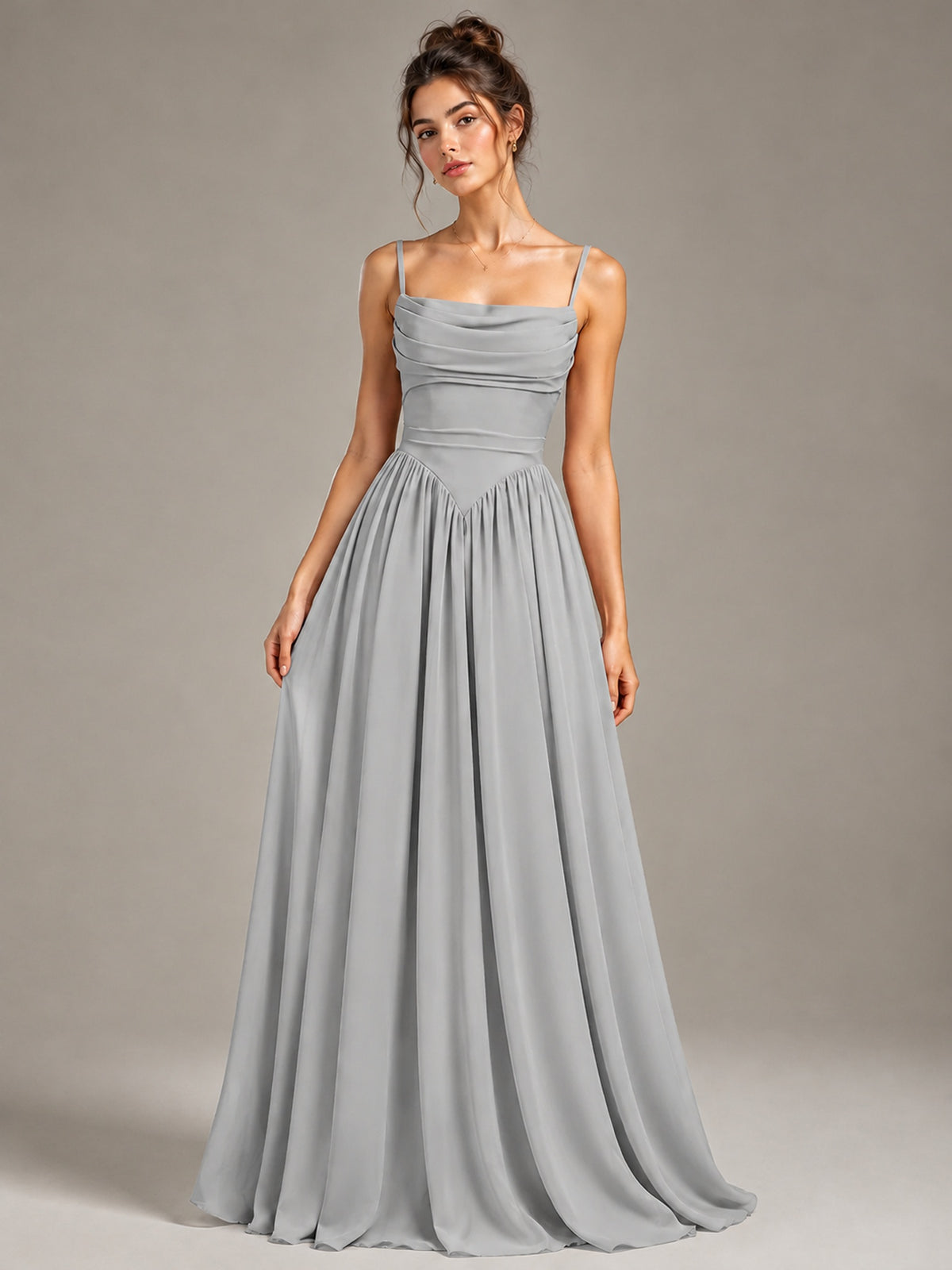 Spaghetti Strap Ruched Chiffon Maxi Dress with Backless
