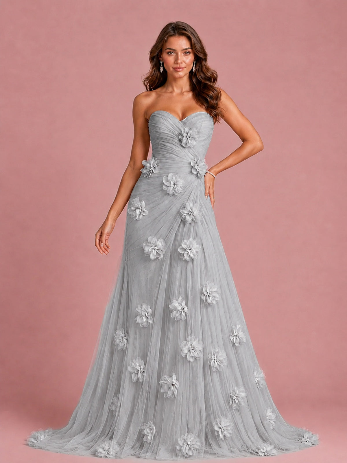 3D Floral Applique Strapless Tulle Prom Dress with High Slit