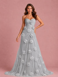 3D Floral Applique Strapless Tulle Prom Dress with High Slit