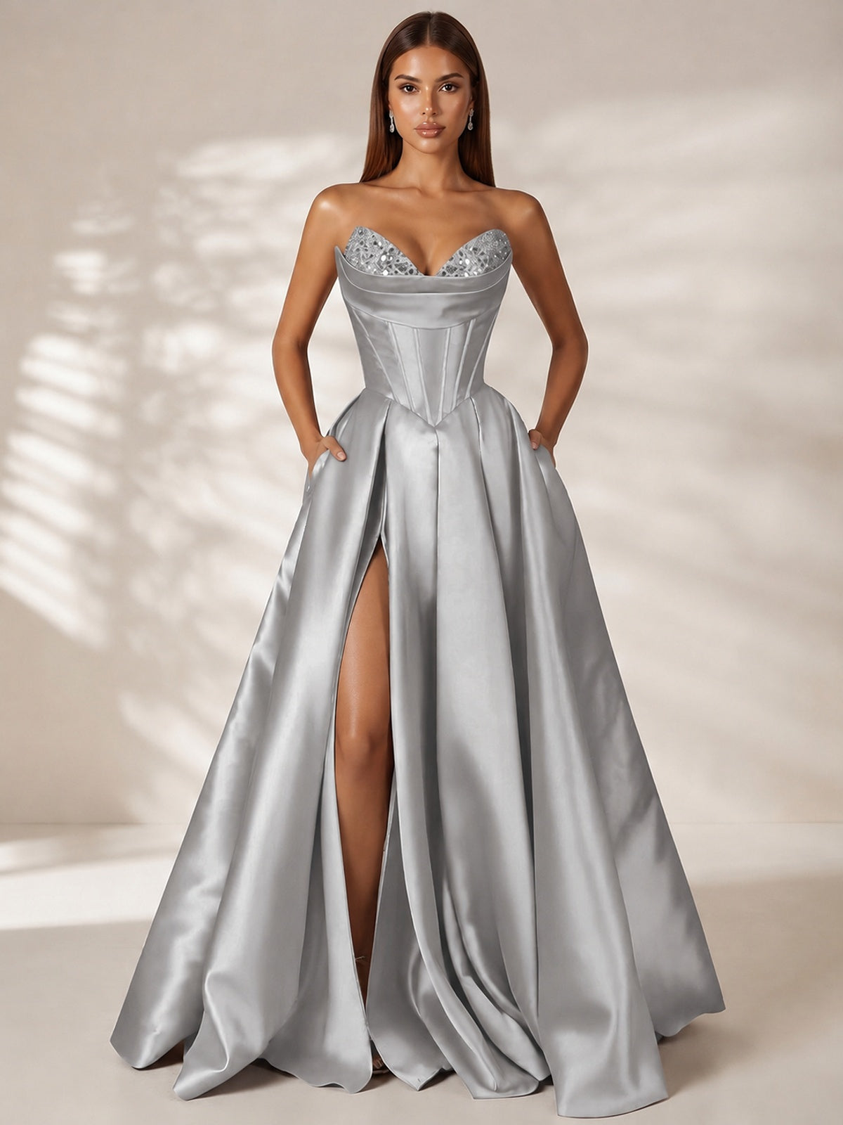 Silver Strapless Corset Satin Prom Dress Long Evening Gown with High Slit
