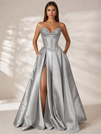 Silver Strapless Corset Satin Prom Dress Long Evening Gown with High Slit