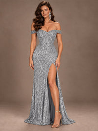 Off the Shoulder Corset Sequin Mermaid Prom Dress with Slit