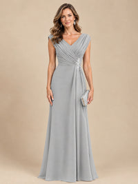 V Neck Pleated Mother of The Bride Dresses with Beading Cap Sleeves