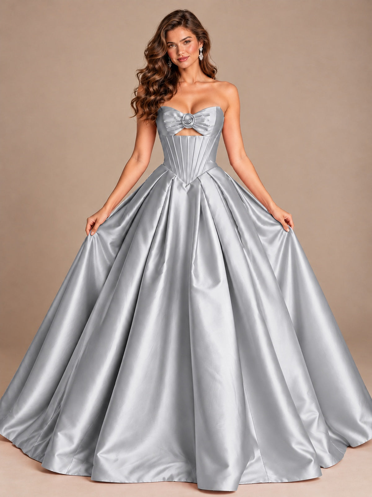 Pink Strapless Corset Satin Prom Derss & Ball Gown with 3D Floral