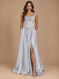 Cowl Neck Pleated Satin Prom Dress with Pockets & Slit Maxi Formal Gowns