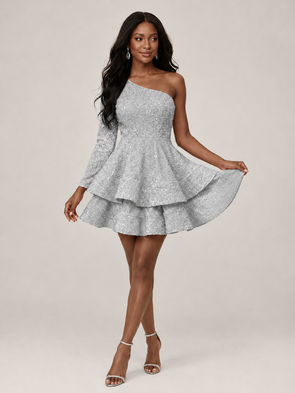 Puffy One Shoulder Sequin Tiered Mini Dress