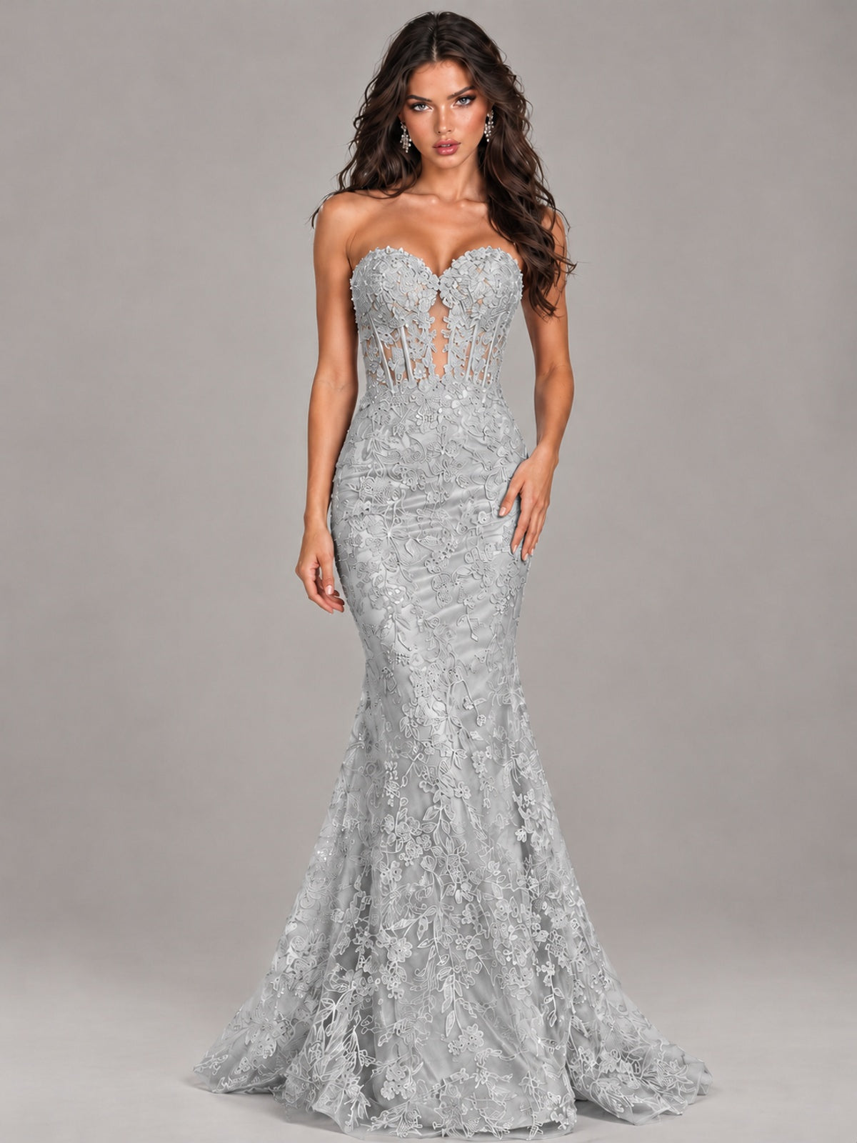 Strapless Corset Mermaid Prom Dress Lace Appliqué Formal Gown