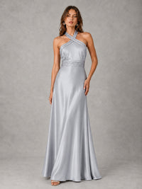 Sage Green Satin A-Line Bridesmaid Dress with Halter Neck