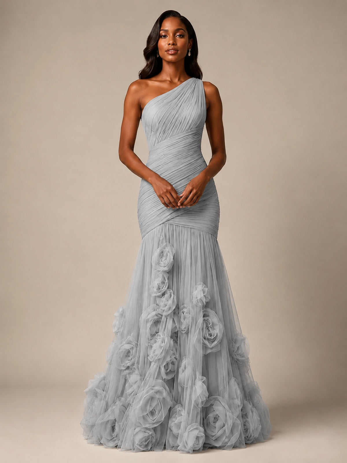Blush Pink One Shoulder 3D Floral Mermaid Prom Dress