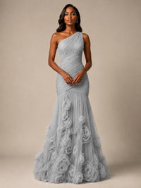 Blush Pink One Shoulder 3D Floral Mermaid Prom Dress