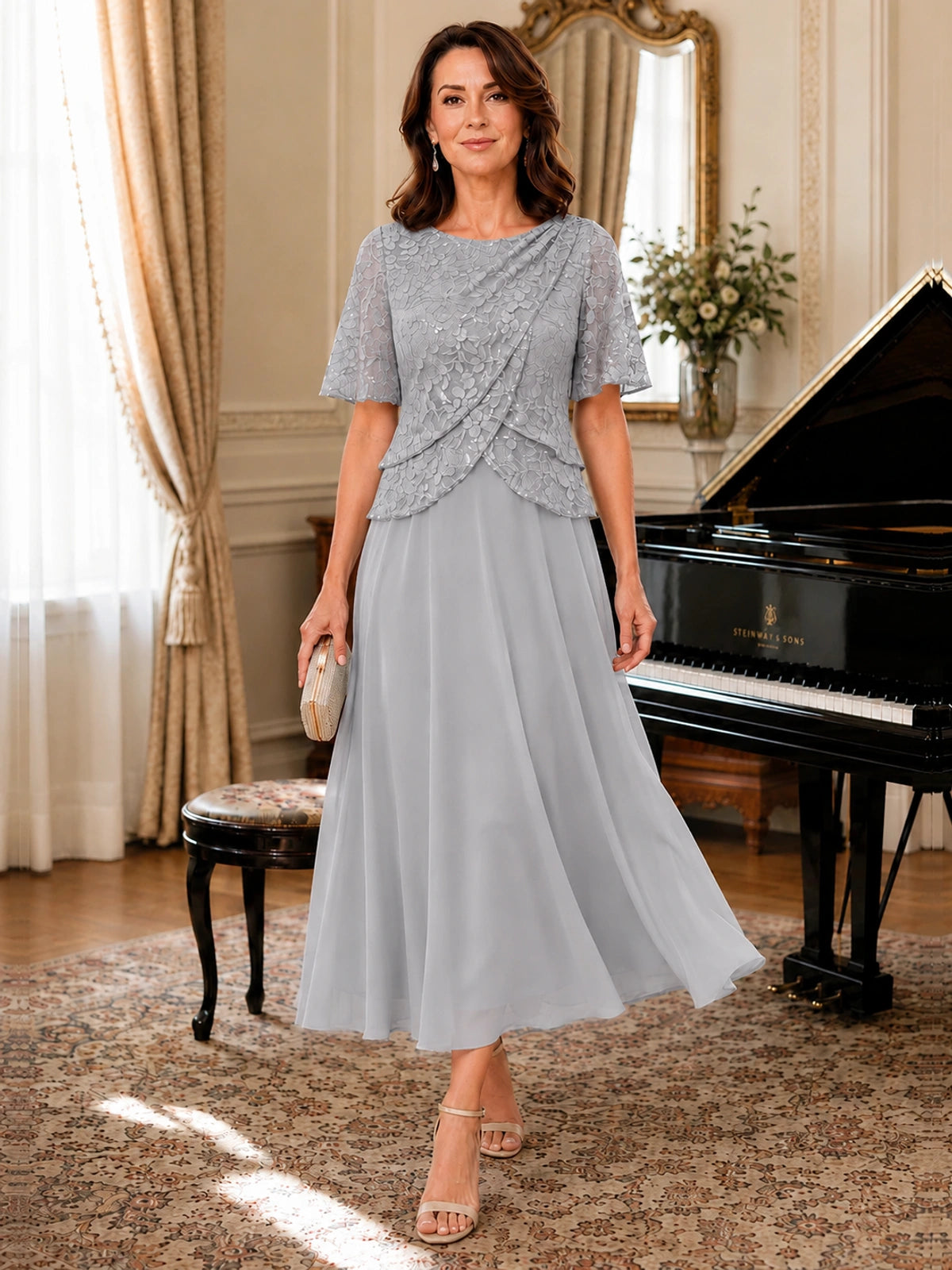 Tea-Length Chiffon Mother of the Bride Dress with Sequin Lace Sleeves