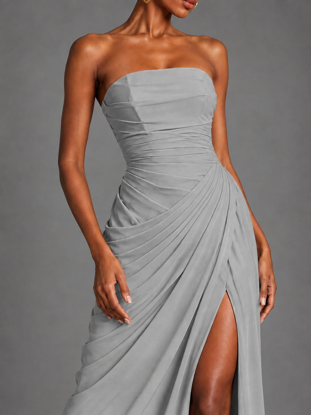 Strapless Bodycon Pleated Chiffon Formal Dress with Slit