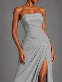Strapless Bodycon Pleated Chiffon Formal Dress with Slit