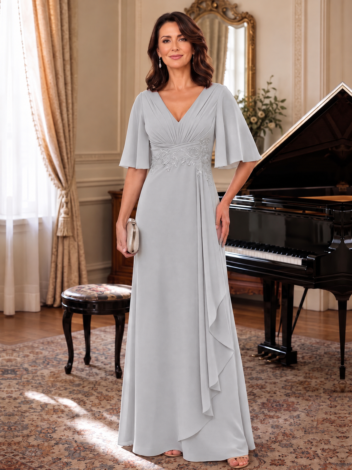 Silver V-Neck Chiffon Lace Mother of the Bride Dresses with Flutter Sleeve A-line Long Ruffled Evening Formal Wedding Guest Gown