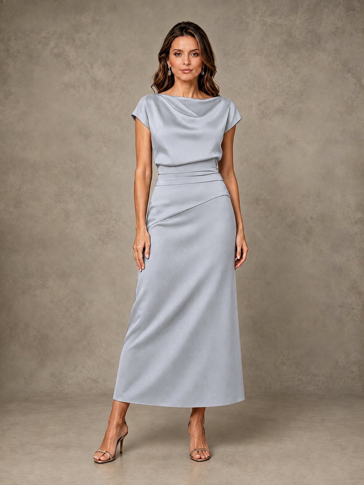 Cowl Neck Satin Mother of the Bride Dress with Ruched Waist