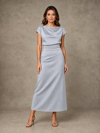 Cowl Neck Satin Mother of the Bride Dress with Ruched Waist
