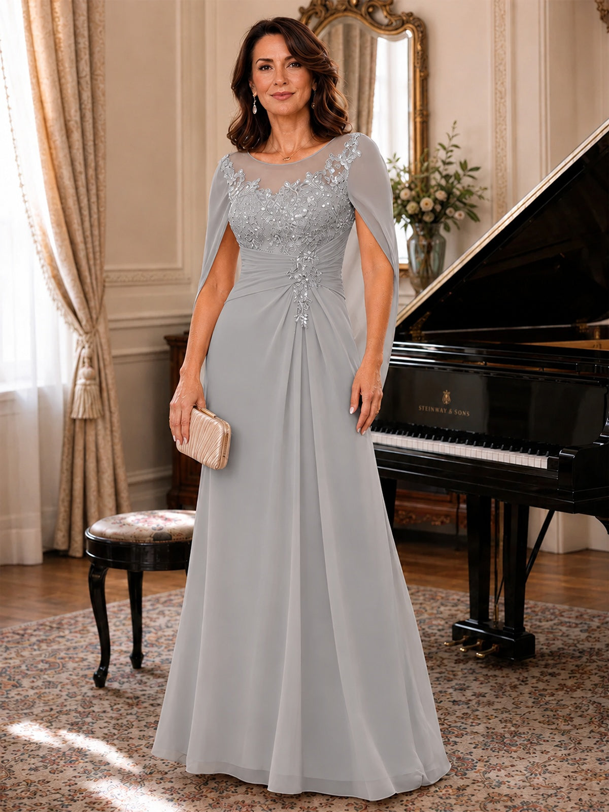 Elegant Applique Chiffon Mother of the Bride Dress with Cape Sleeves