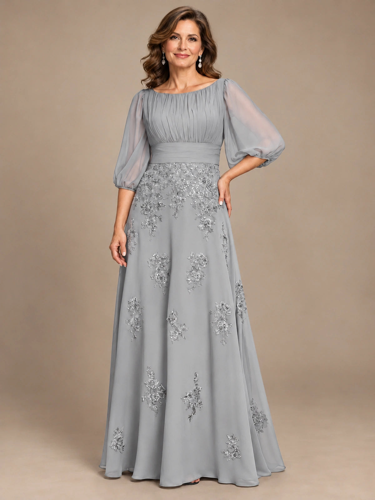 A-Line Mother of the Bride Dress with Sheer Puff Sleeves