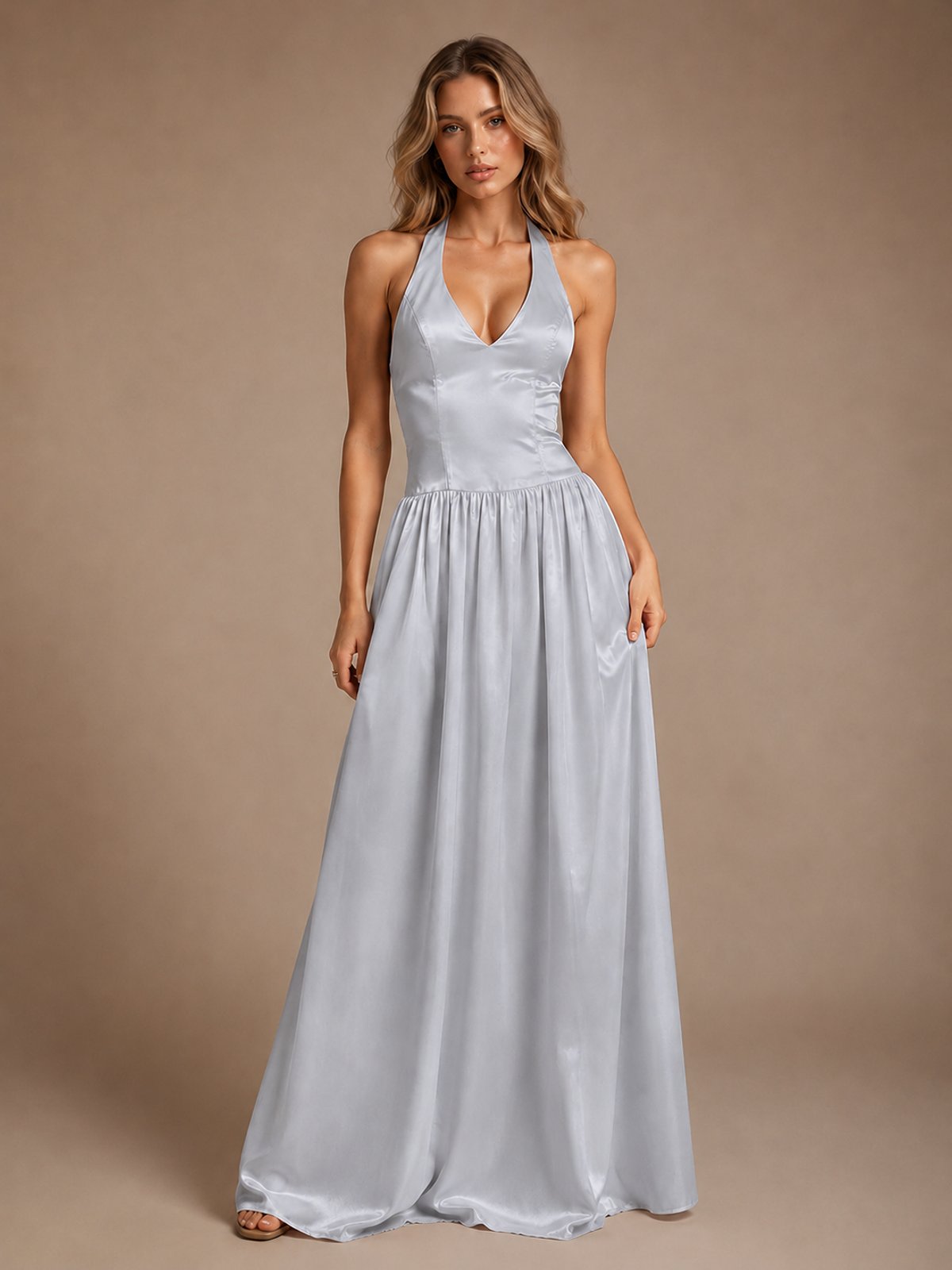 Pink V Neck Halter Satin Maxi Dress