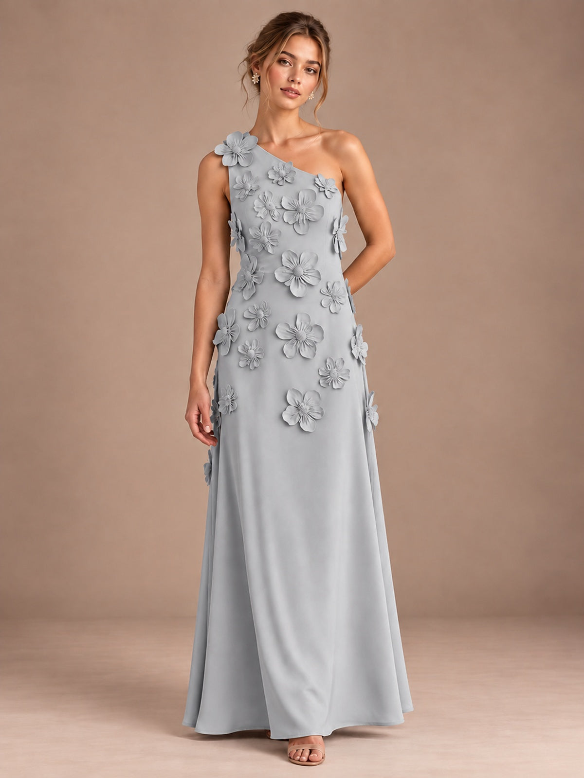 Silver- One Shoulder Satin Formal Maxi Dress with 3D Floral