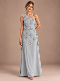 Silver- One Shoulder Satin Formal Maxi Dress with 3D Floral