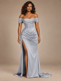 Burgundy Off-the-Shoulder Satin Corset Prom Dress with Slit