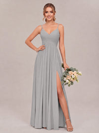 Silver Spaghetti Straps Pleated Chiffon Bridesmaid Dress with Slit V-Neck A-line Long Formal Evening Wedding Guest Gown