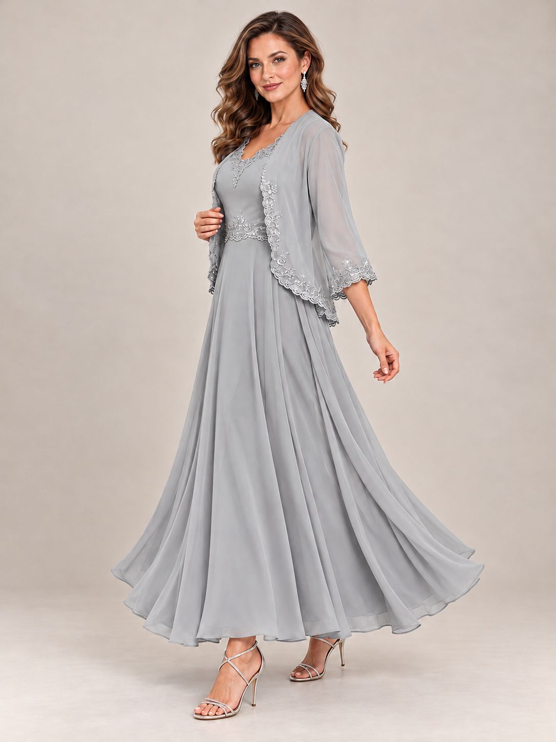 Dusty Blue Floral Lace Chiffon Mother of the Bride Dress with Jacket