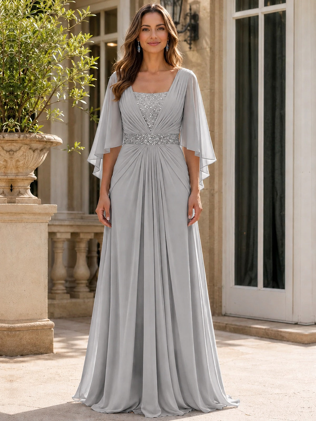 Elegant V-Neck Sequined Chiffon Mother of the Bride Dress with Flutter Sleeves