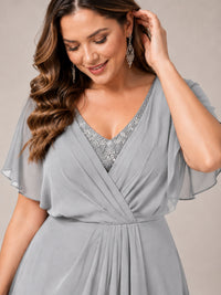 Navy Blue A-Line V-Neck Tea-Length Mother of the Bride Dress