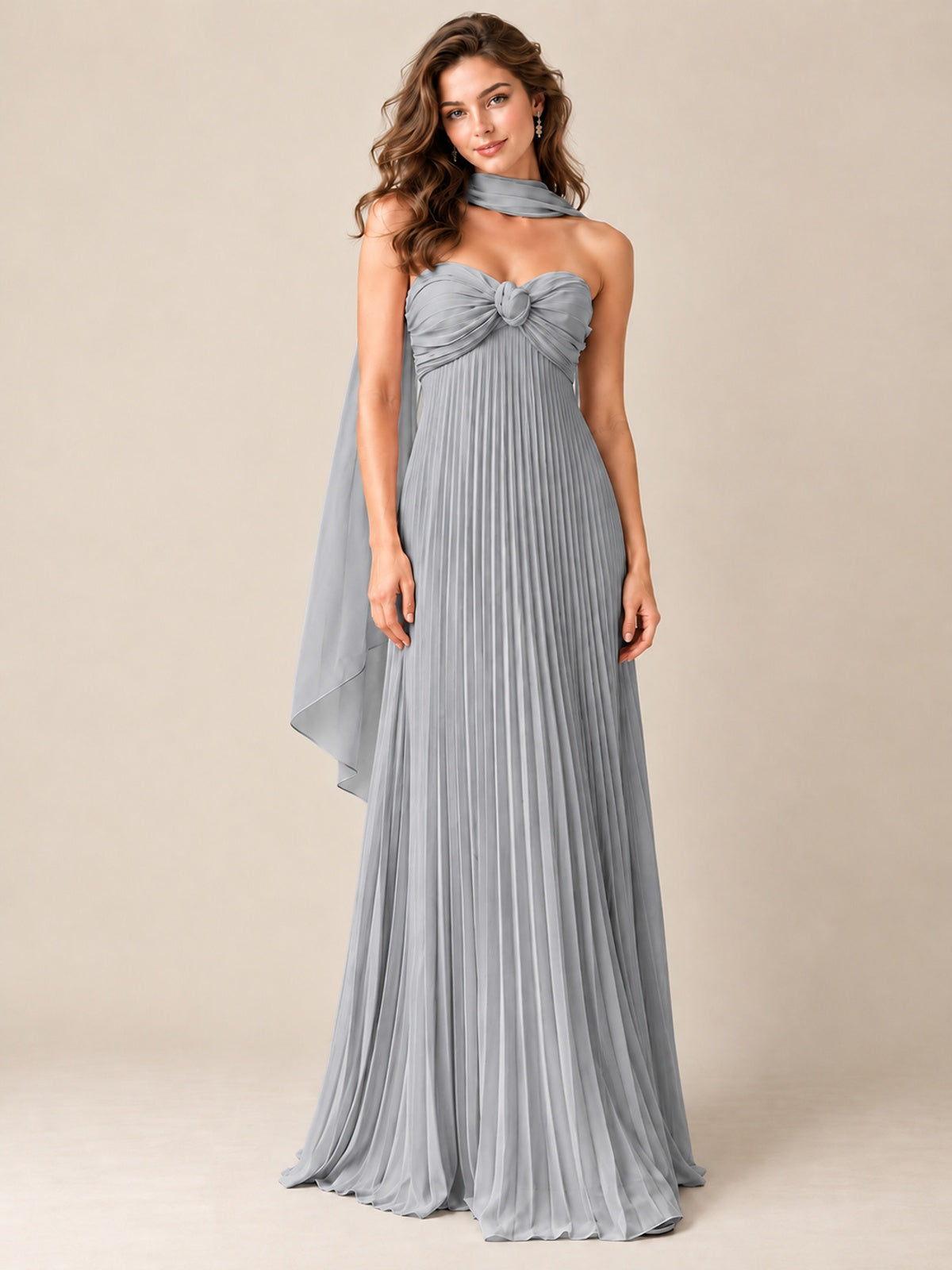 Sweetheart Neckline Pleated Prom Dress Strapless A-line Formal Dress with Flowy Scarf