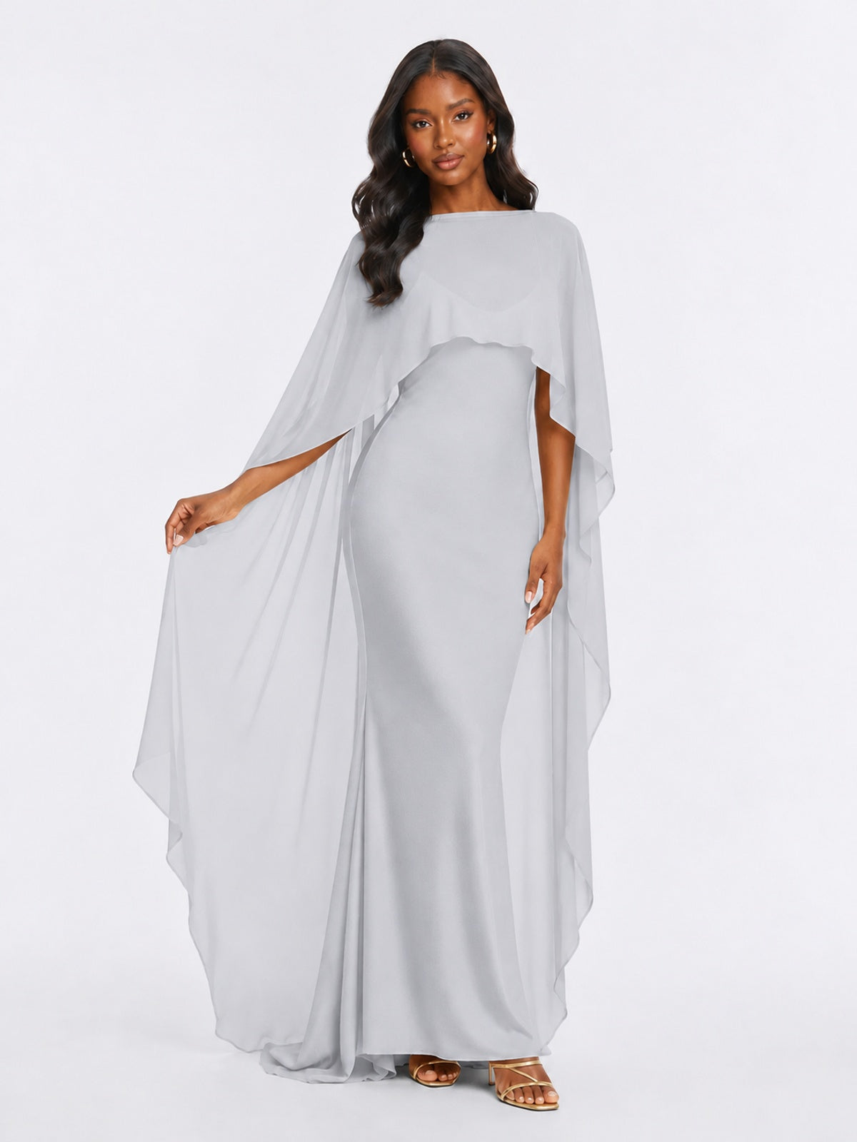 Satin Cape Prom Dresses Meramid Maxi Dress