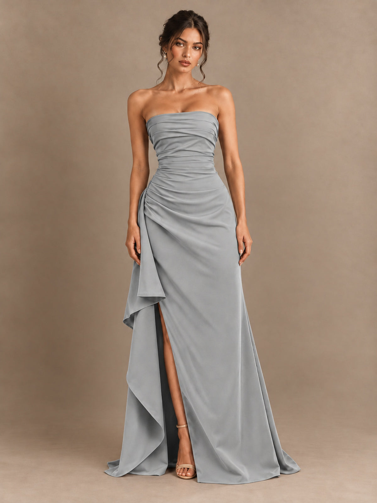 Black and White Strapless Ruched Prom Dress with High Slit & Side Drape