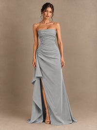 Black and White Strapless Ruched Prom Dress with High Slit & Side Drape