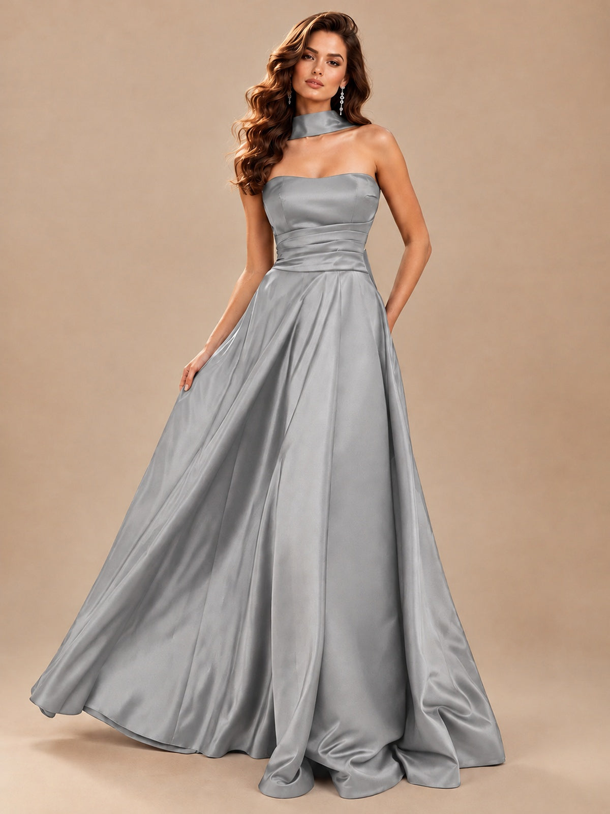 Strapless Prom Dress Side High Slit A-line Formal Dress with Scarf