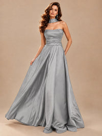 Strapless Prom Dress Side High Slit A-line Formal Dress with Scarf