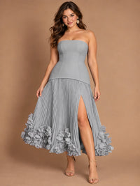Navy Blue Strapless Pleated A-Line Midi Dress with 3D Floral Applique