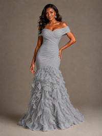 Pink Off-the-Shoulder Mermaid Prom Dress with Ruffles 3D Flowers