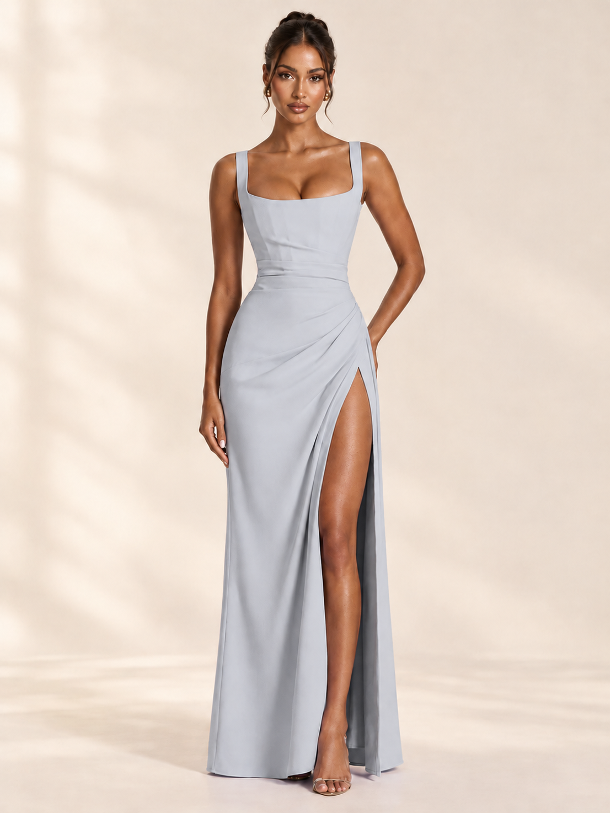 Square Neck Satin Sleeveless Ruched Prom Dress with High Slit