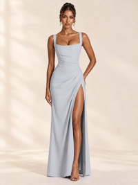 Square Neck Satin Sleeveless Ruched Prom Dress with High Slit