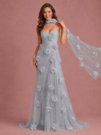 Blush Pink Strapless Sweetheart 3D Floral Tulle Mermaid Prom Dress