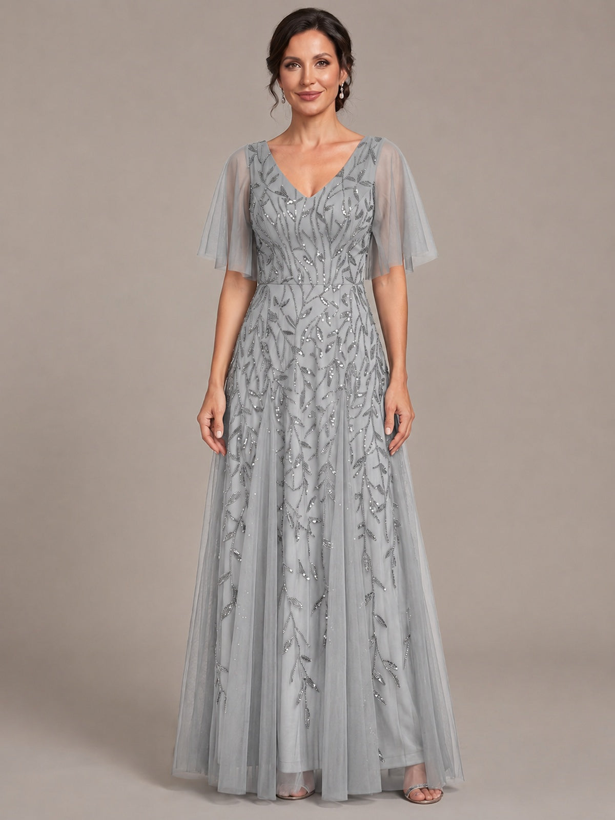 Silver V-Neck Sequin Tulle Mother of the Bride Dress with Flutter Sleeve A-line Evening Formal Wedding Guest Dress