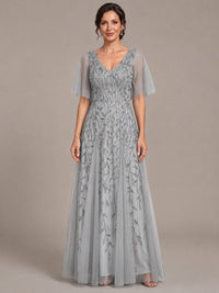 Silver V-Neck Sequin Tulle Mother of the Bride Dress with Flutter Sleeve A-line Evening Formal Wedding Guest Dress