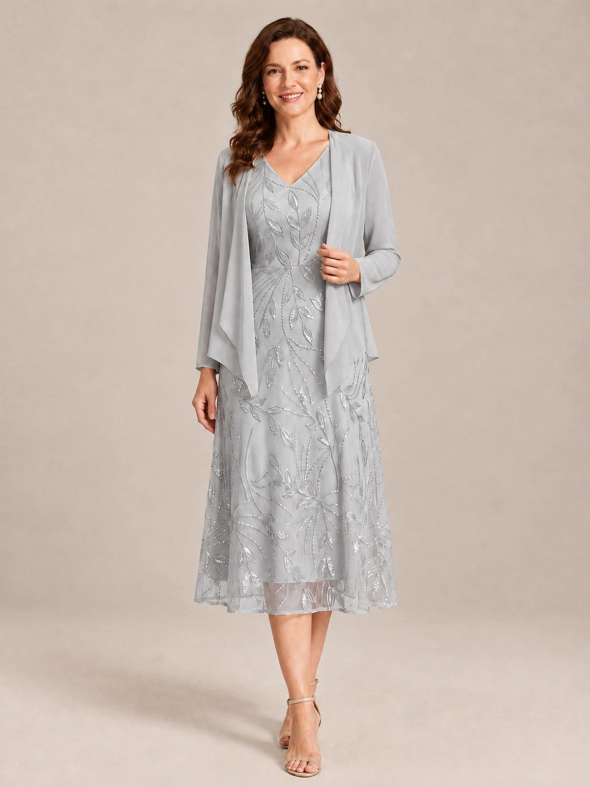 Silver-2 Piece Lace Appliques Chiffon Mother of The Bride Dress with Sequin
