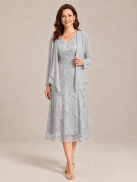 Silver-2 Piece Lace Appliques Chiffon Mother of The Bride Dress with Sequin