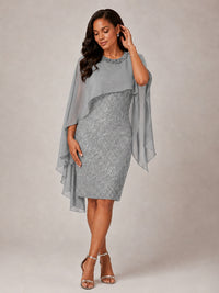 Floral Sheath Mother of the Bride Dress with Cape Overlay